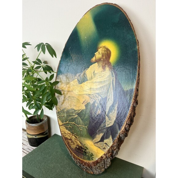 Vintage Jesus Decoupage on Wood with Bark 17” Wall Hanging Christ In The Garden - Picture 4 of 7
